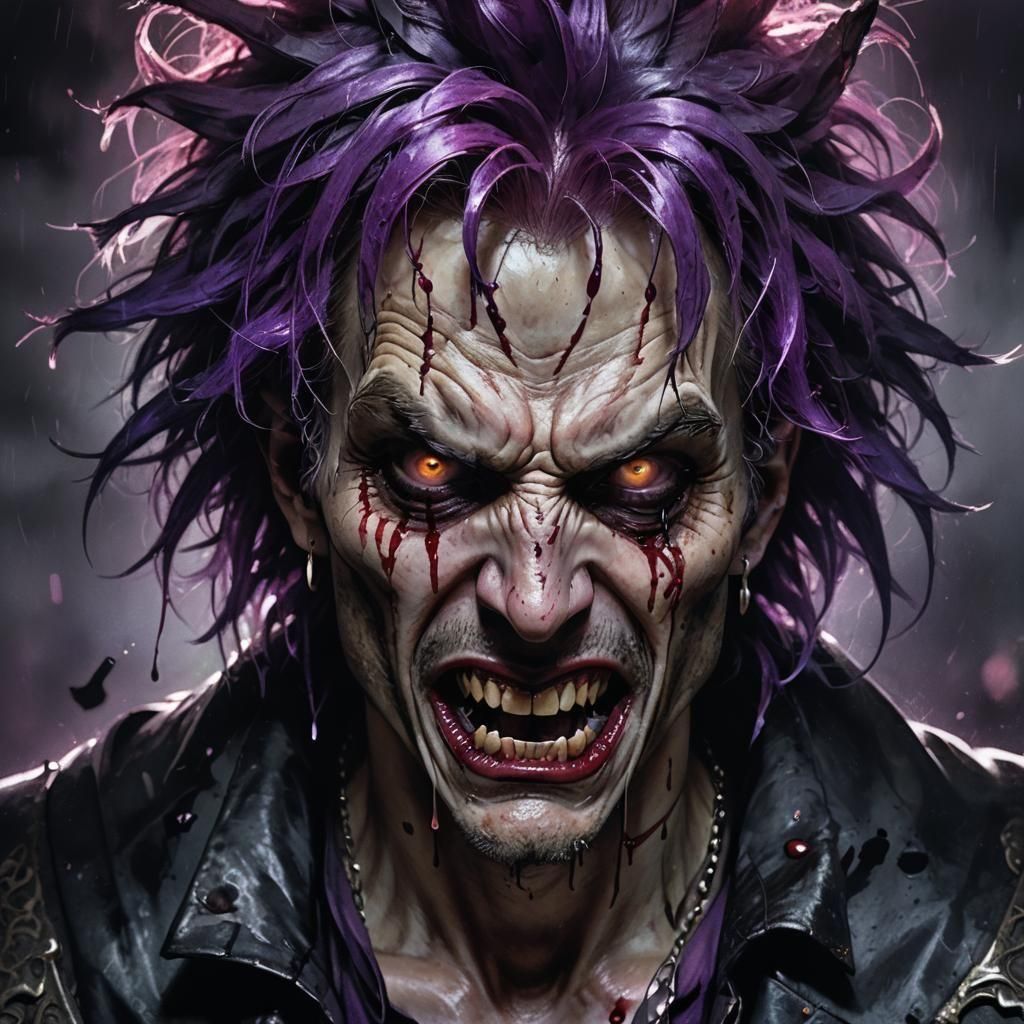 Fierce Vampire with Bloody Fangs and Purple Hair