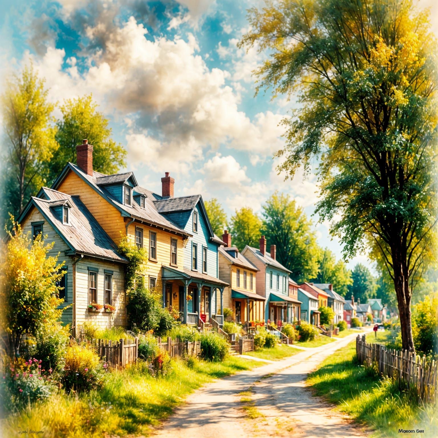 Vibrant Impressionist Quaint Village in Midwestern Landscape