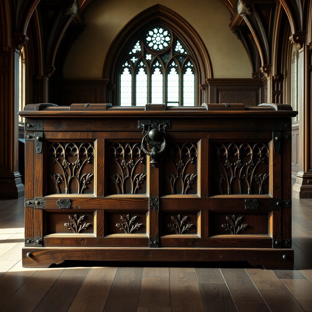 Elegant Gothic Oak Chest in Rich Dark Wood with Ornate Detai...