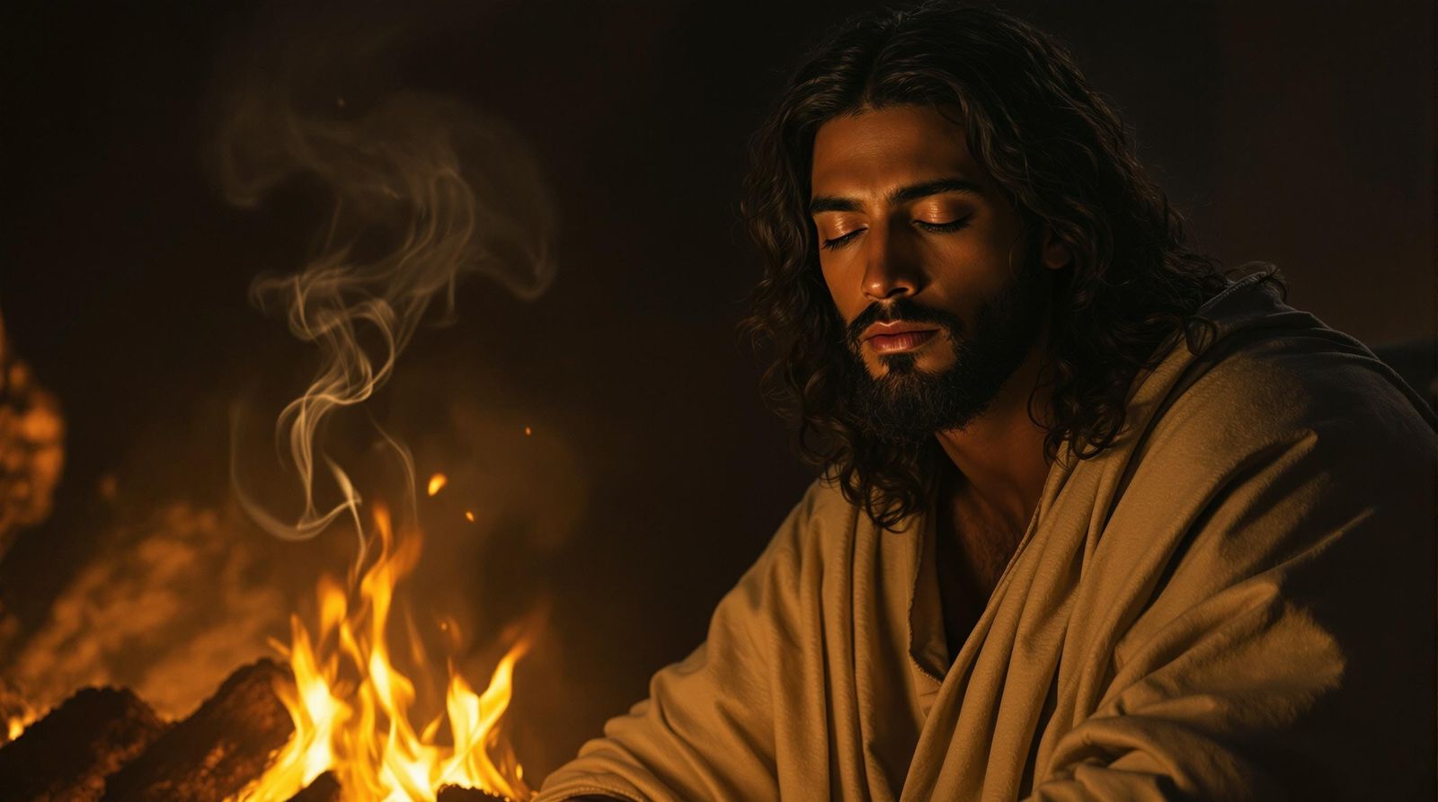 Soothing Portrait of Jesus by the Nighttime Fire