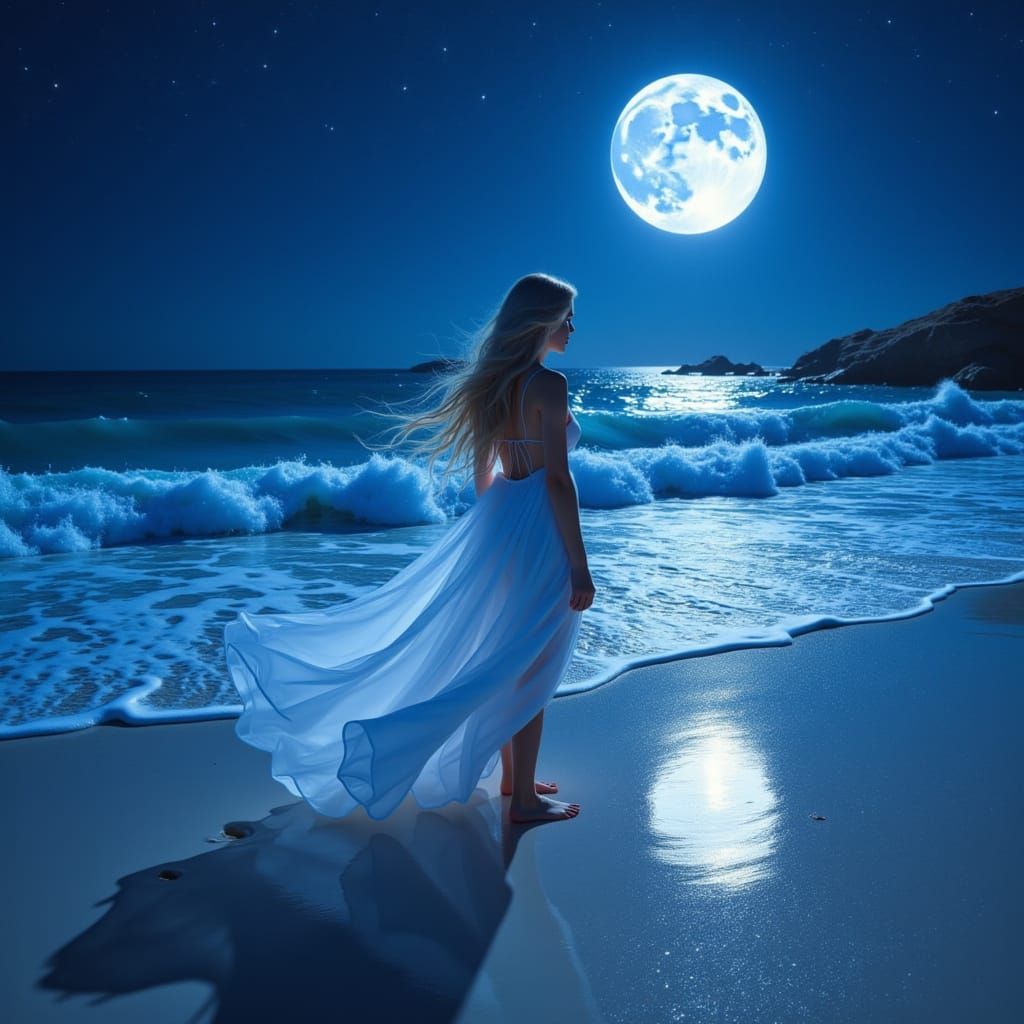 Indigo Dream: Woman on Bioluminescent Beach in Art Nouveau S...