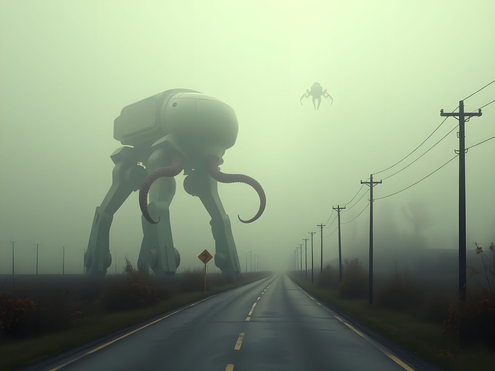 Scary Foggy Landscape with Robotic Invader