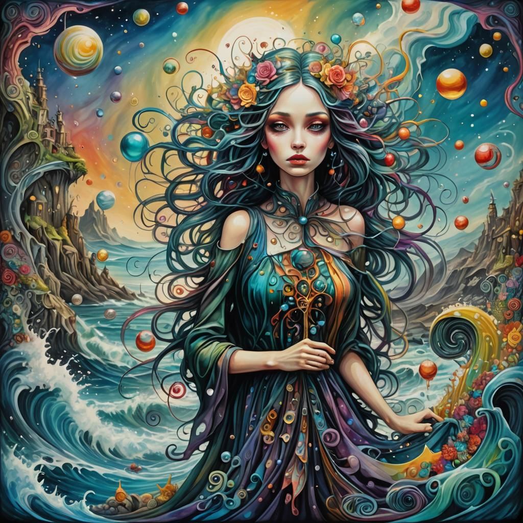 Cosmic Fairy in Silk Seascape: Graffiti Art Style