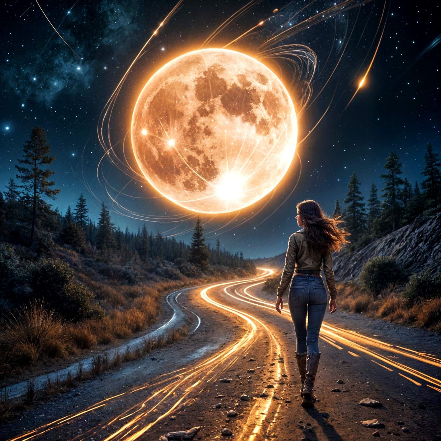 Woman Walks Light Trail Road Under Moonlit Sky