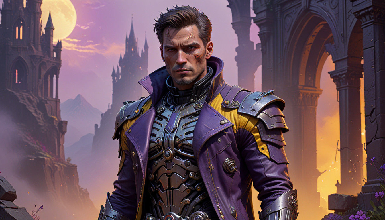 Dark Fantasy Terminator in Medieval Ruins, Hyperrealistic Po...