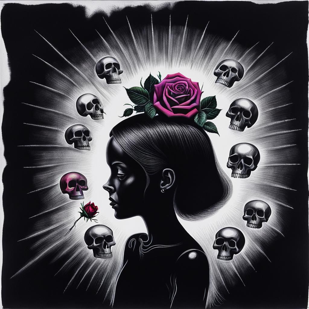 Surreal Crayon Drawing: Goth Woman in Darkness