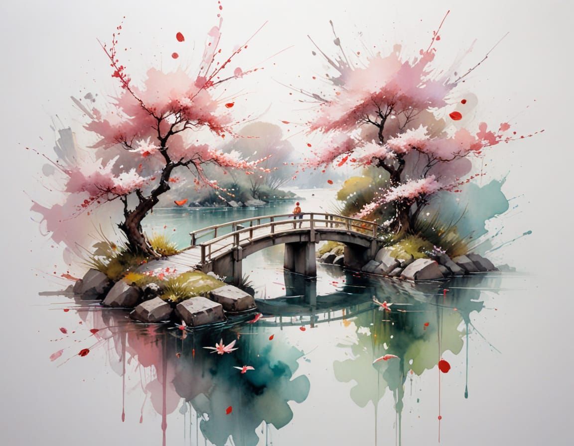 Tranquil Kyoto Pond with Cherry Blossoms and Lanterns