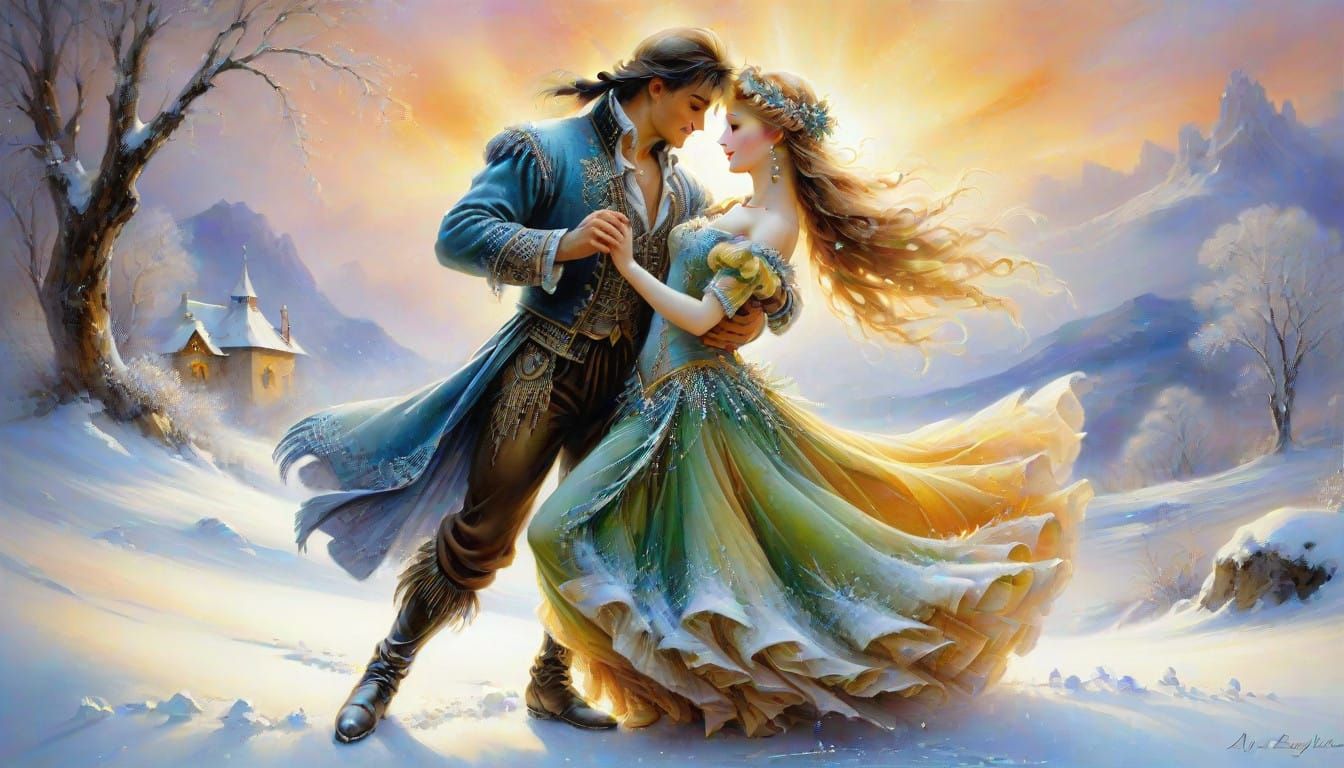 Ethereal Winter Ballerina Scene in Whimsical Art Style