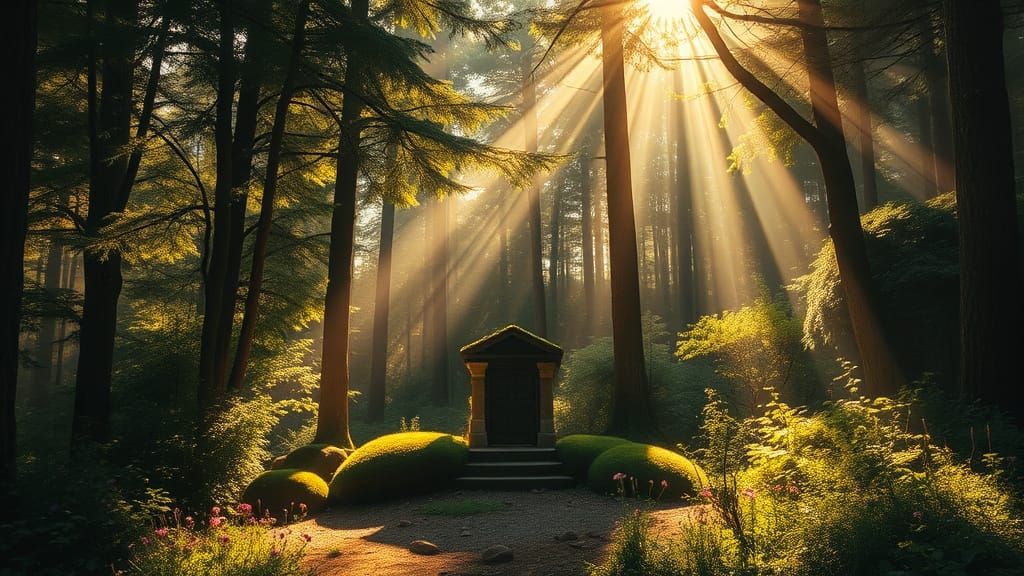 Sunlit Forest Altar in Golden Hour Oil Painting