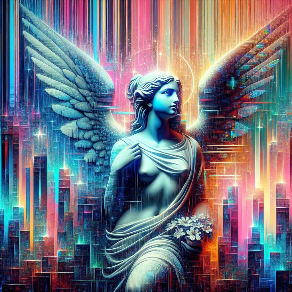 Vaporwave Guardian Angel in Metropolis Dreamscape