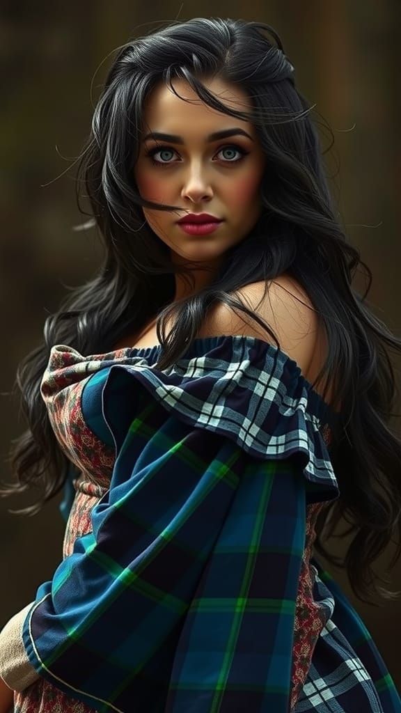 Woman on a Windy Mountain Peak in Colorful Gingham Dress