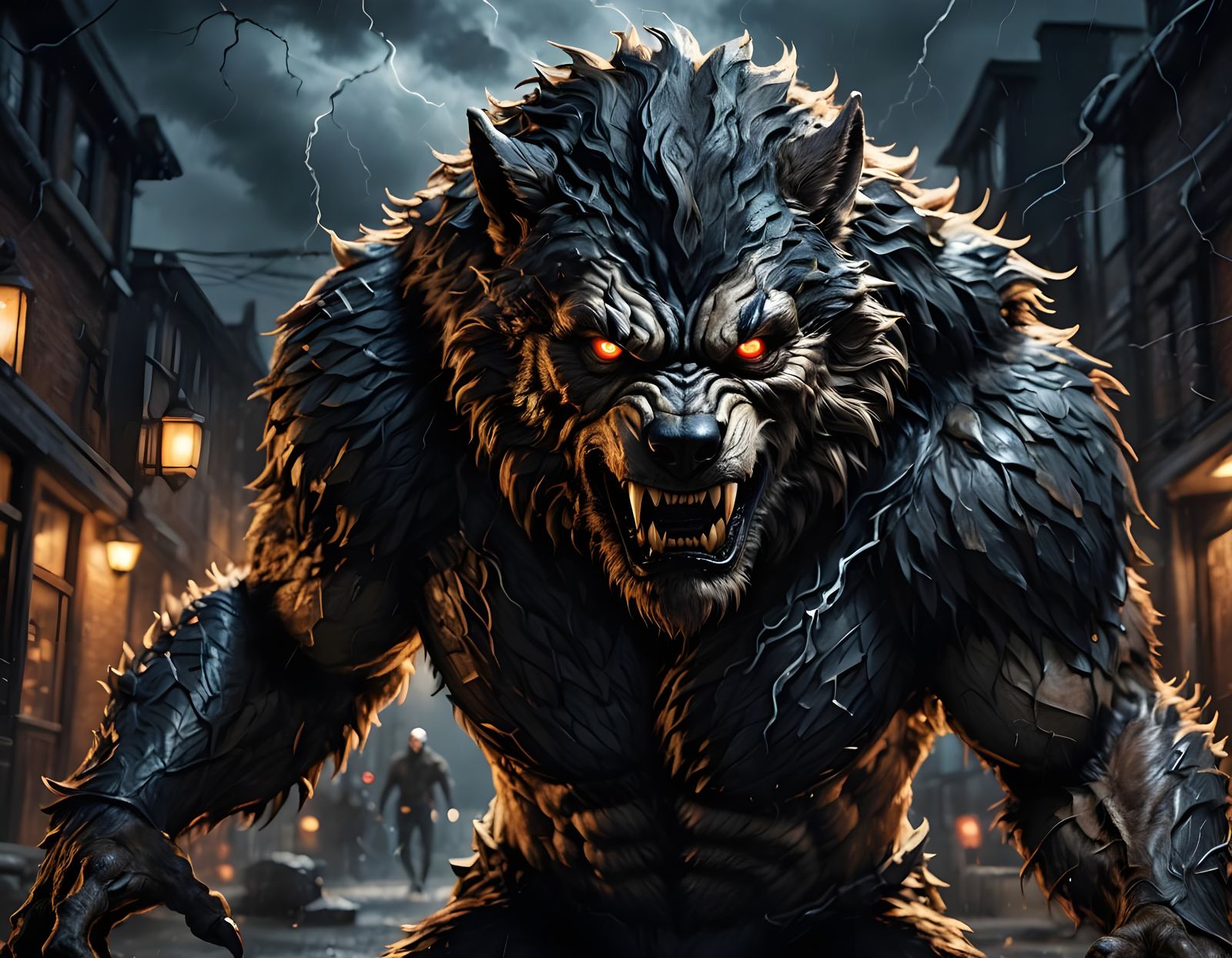 Highly Detailed Cyberpunk-Inspired Wolfman in Epic Thunderst...