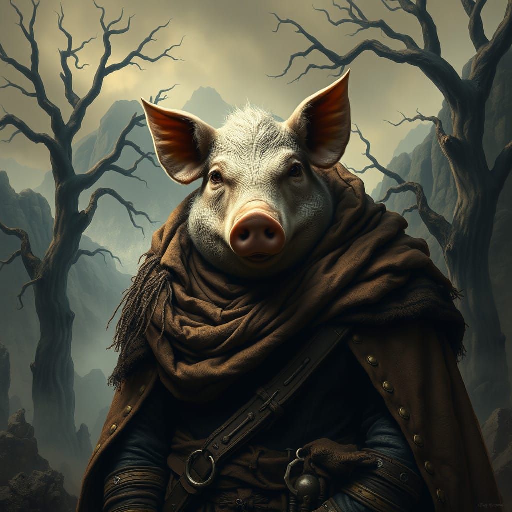 Regal Pig Man Emerges from Mysterious Fantasy Landscape