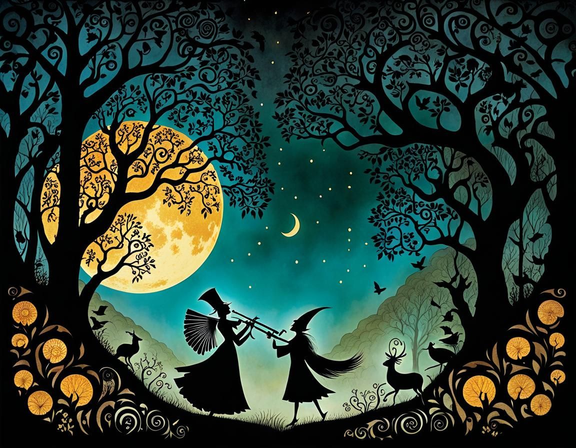 Magic Flute: Enchanting Silhouettes in Comic Art Style