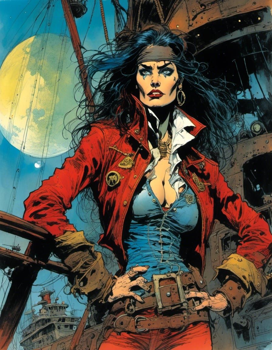 Female Pirate Captain on Spaceship, Comic Book Style