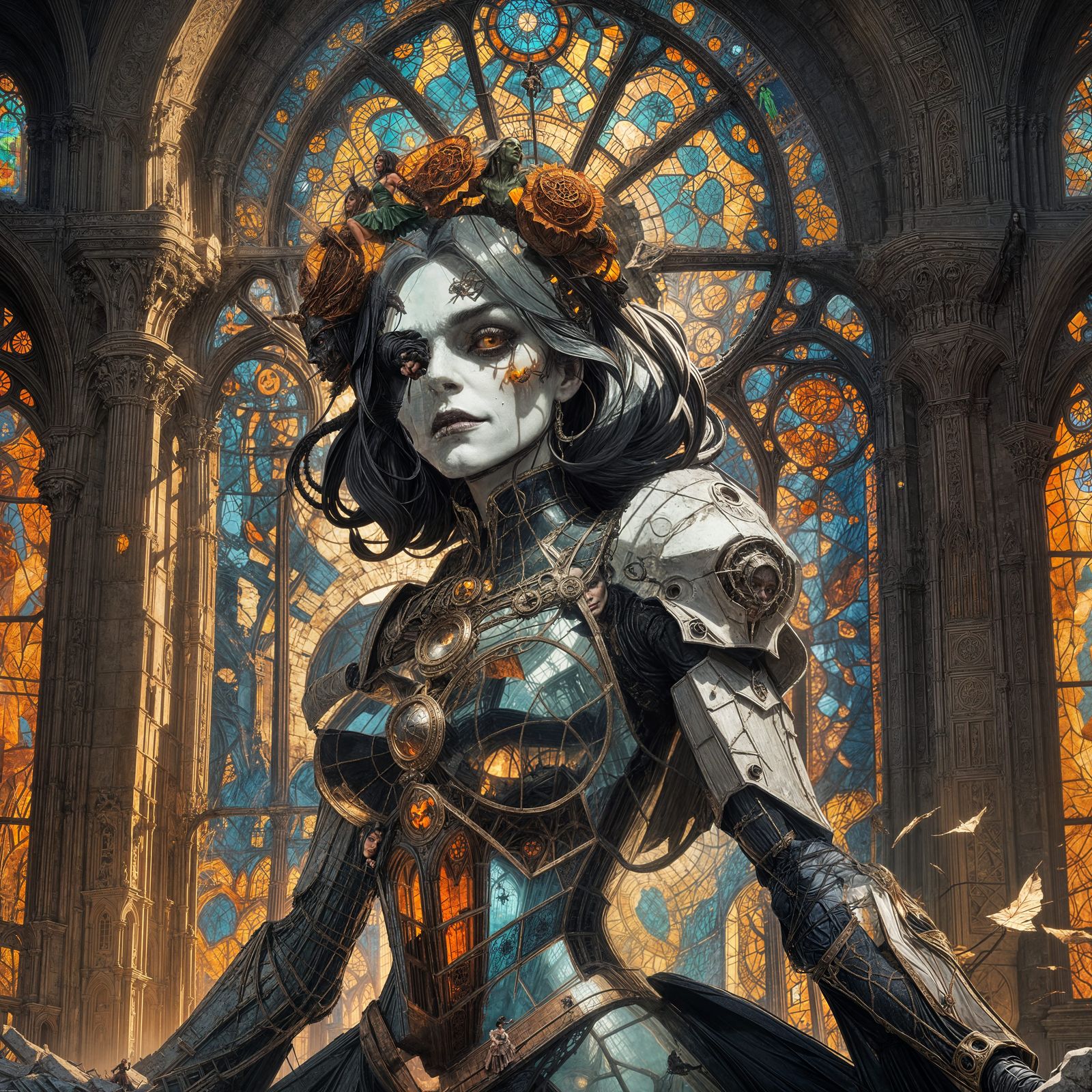 Halloween Frankenstein Woman in Dilapidated Cathedral