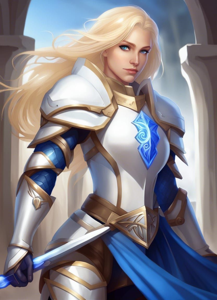 Fantasy Paladin with White Armor and Blue Cape
