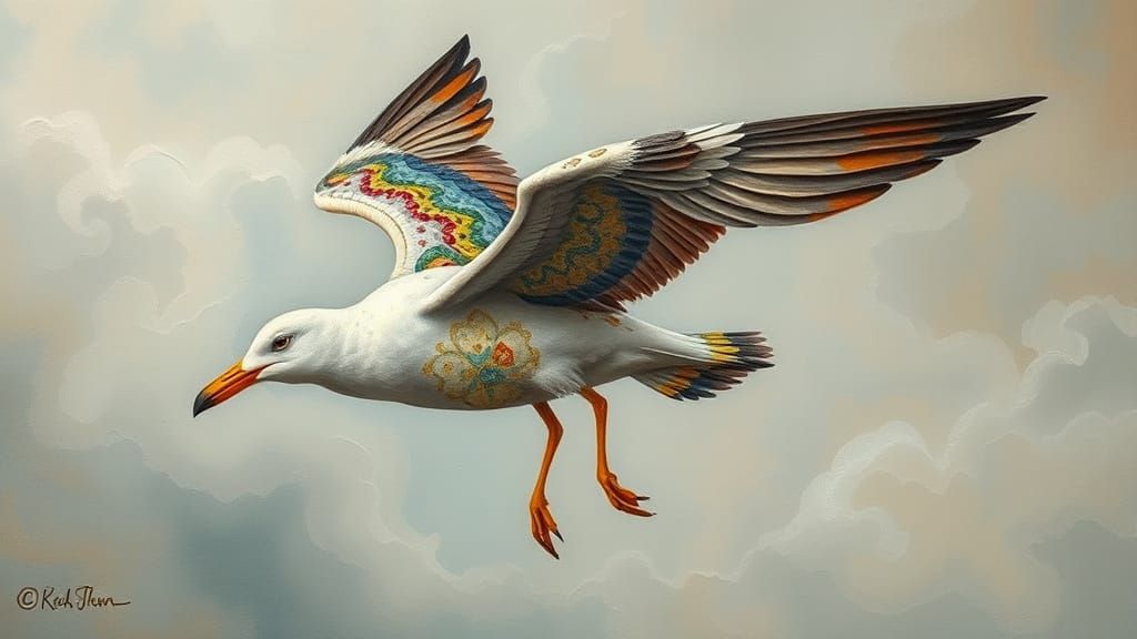 Surreal Whimsical Portrait of a Mystical Gull with Patchwork...