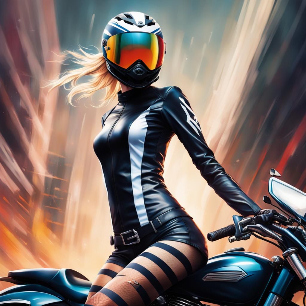 Motorcycle Helmet Girl in Hyperrealistic Splash Art