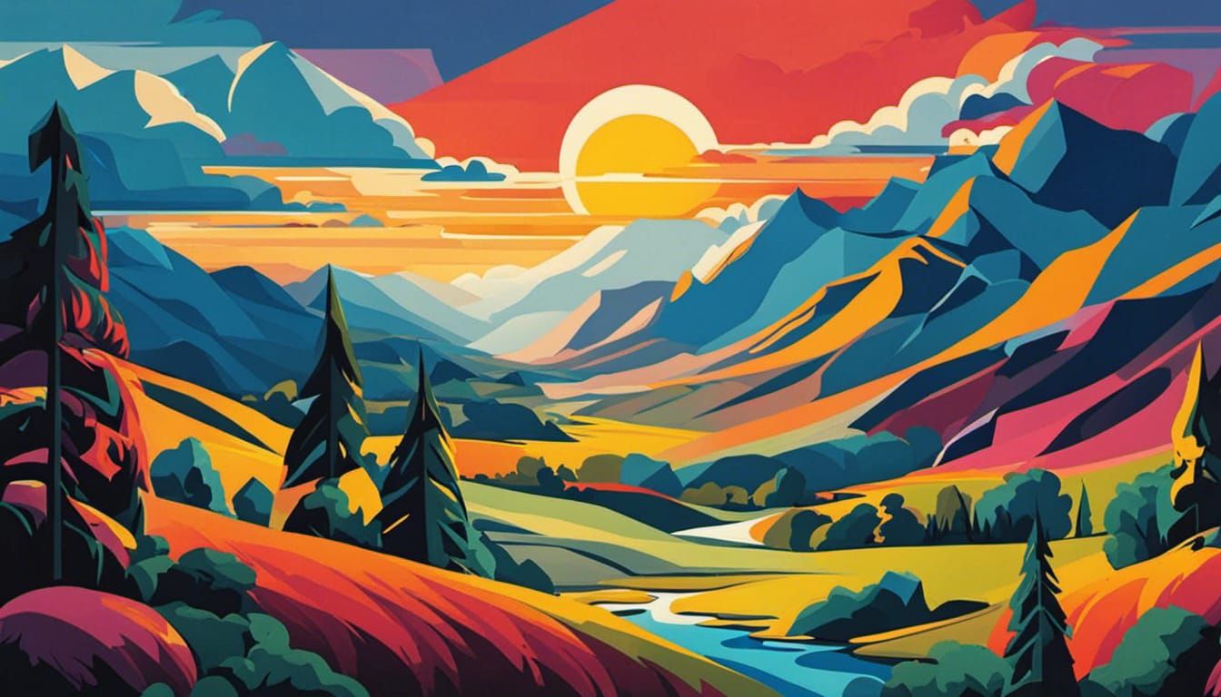 Cubist Mountain Landscape Painting with Waterfalls