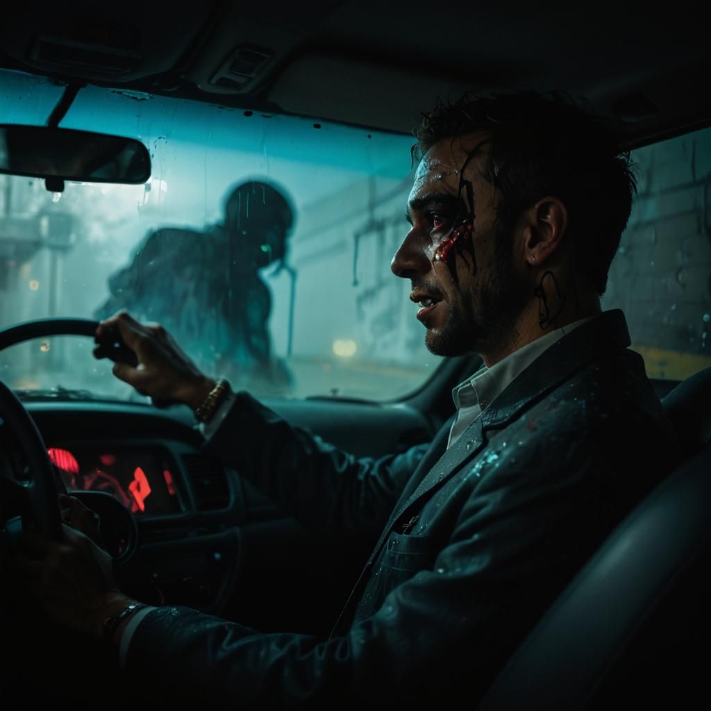 Terrified Man in Car Mirror, Graffiti Art Style