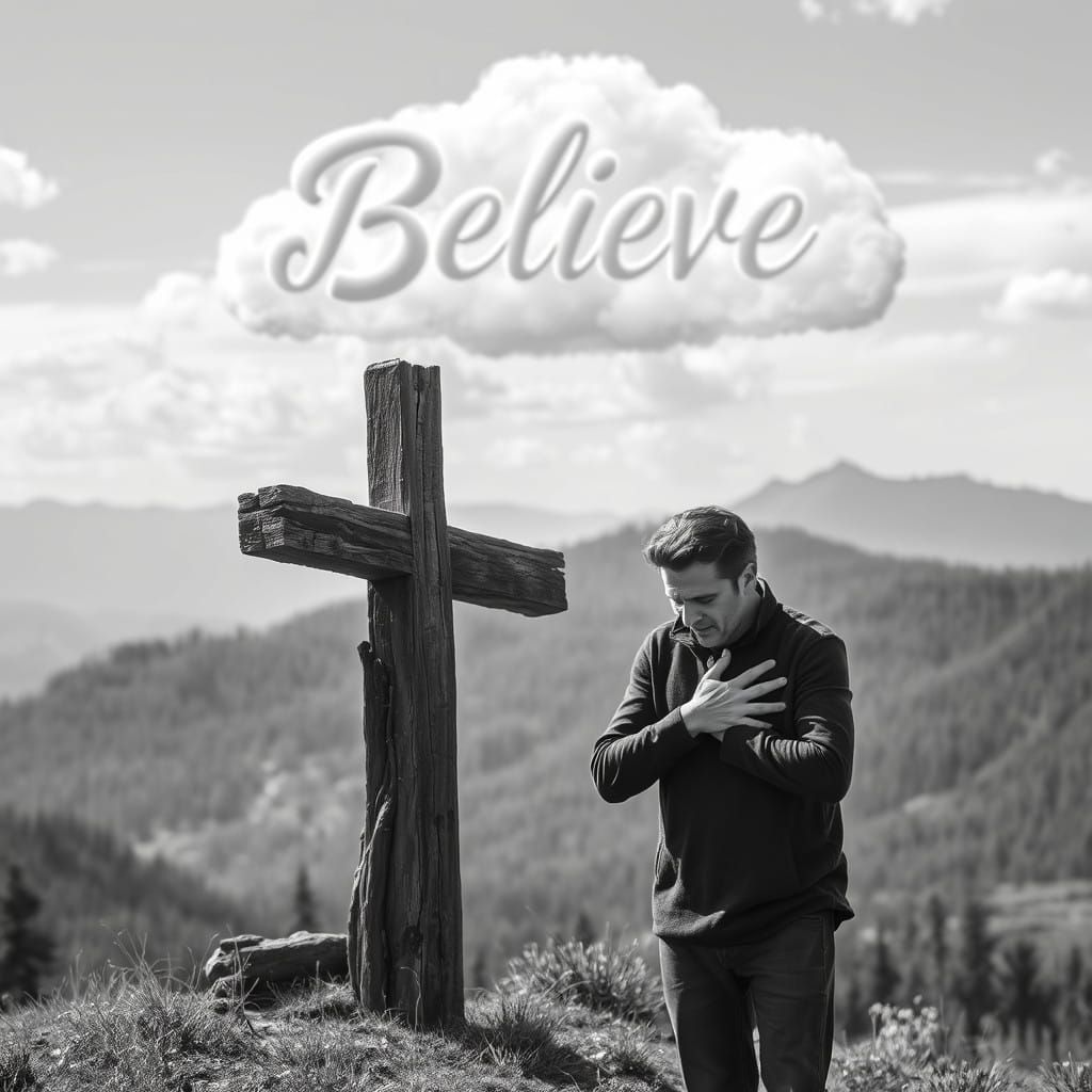 Weathered Wooden Cross in Majestic Mountain Landscape