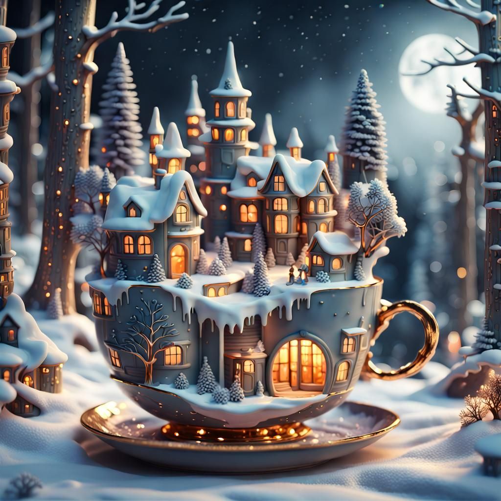 Magical Winter City Emerges from Porcelain Cup
