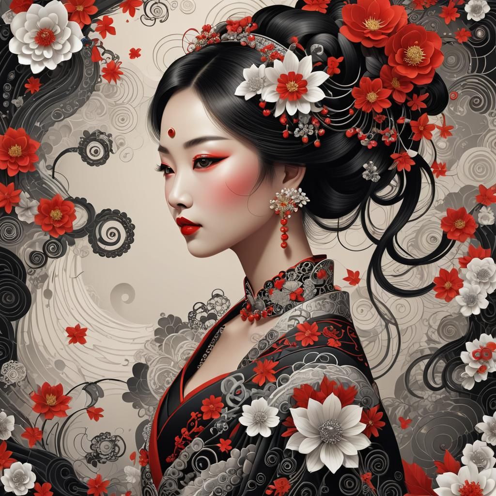 Elegant Chinese Woman with Floral Dress