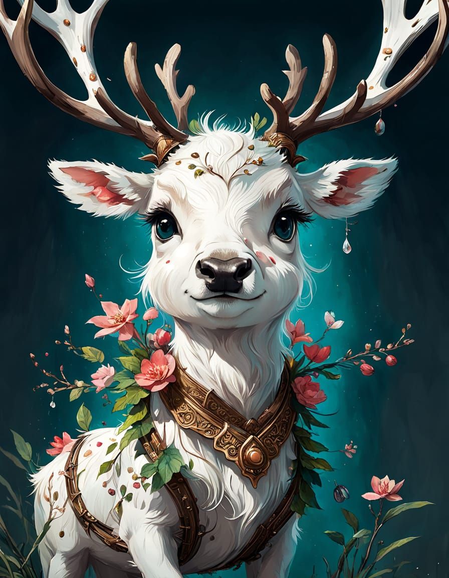 Whimsical Albino Reindeer in Vibrant Floral Attire