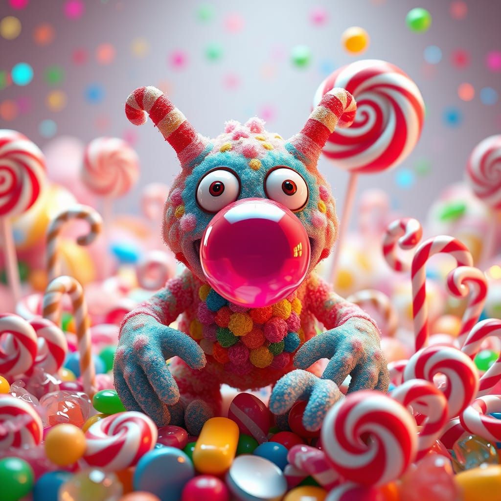 Vibrant Candy Monster Blows Bubblegum Bubble in Whimsical Wo...