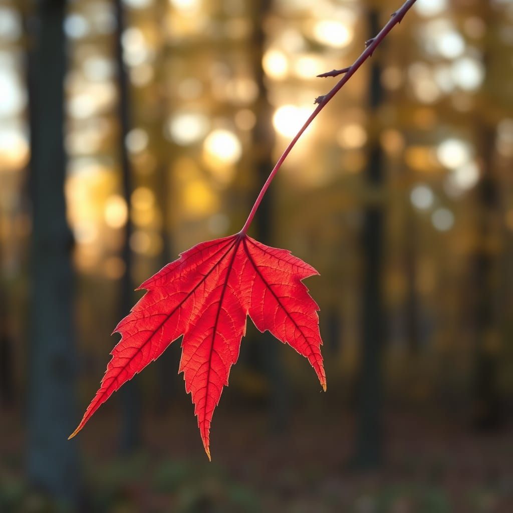 Crimson Maple Leaf Falling in Golden Hour Light