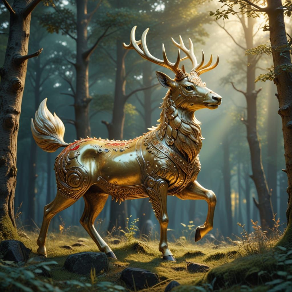 Golden Deer Galloping in Renaissance Realism Style