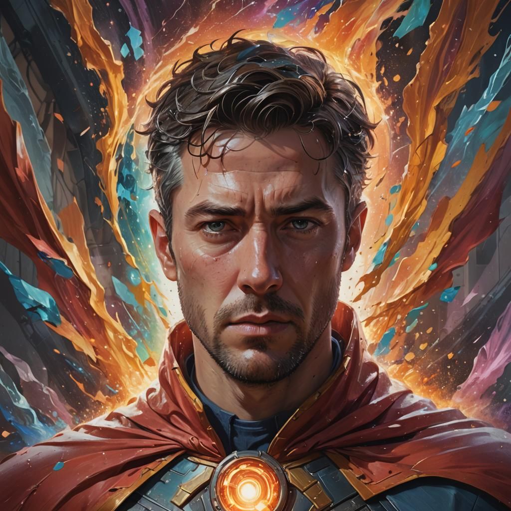 Man in Portal Cape: Hyperrealistic Splash Art