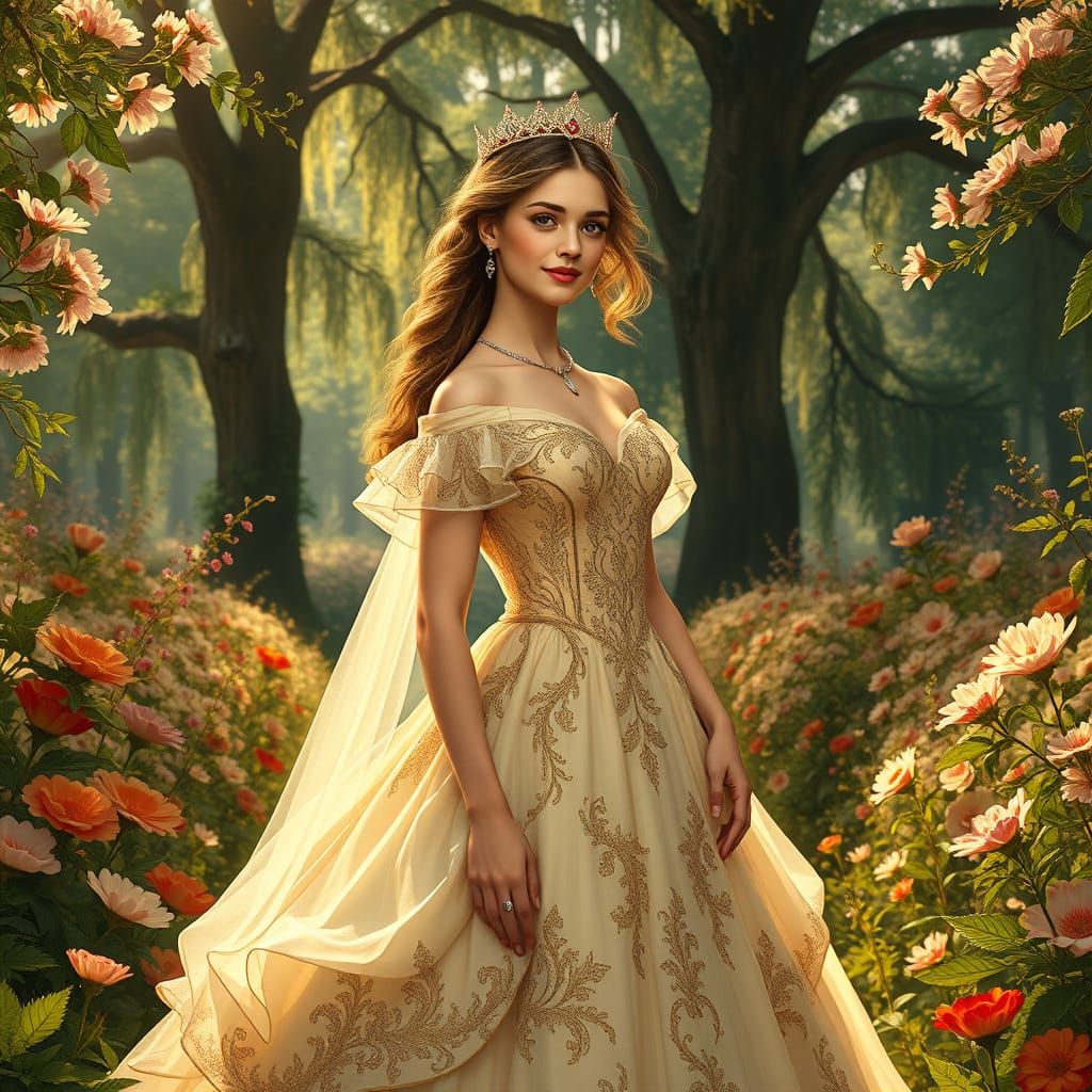 Ethereal Princess in a Lush Pre-Raphaelite Garden