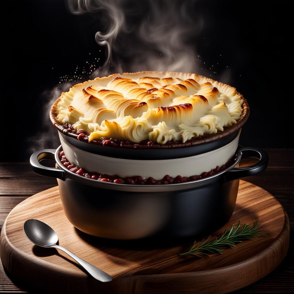 Hyperrealistic Shepherd's Pie on Wooden Table
