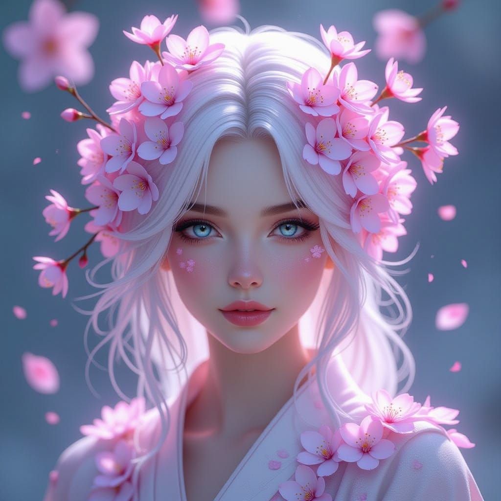 Ethereal Bird Portrait with Bioluminescent Cherry Blossom Fe...