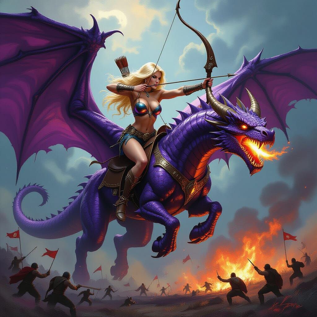 Blonde Huntress Rides Fire Dragon into Epic Battle