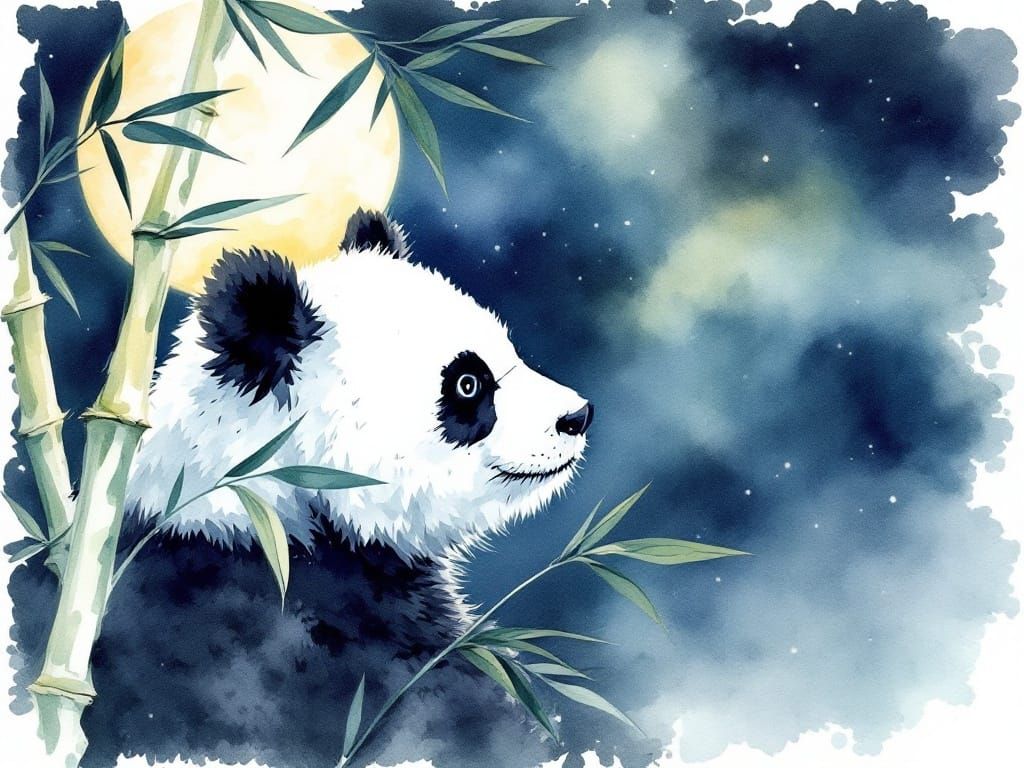 Whimsical Panda Under Moonlit Bamboo