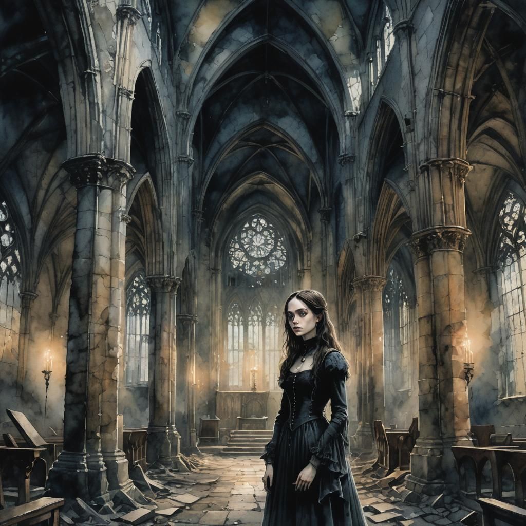 Heartbroken Woman in Ruined Gothic Church