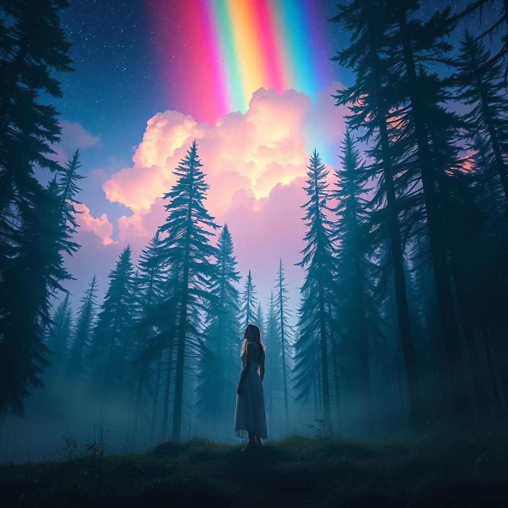 Mystical Forest Rainbow Night Sky