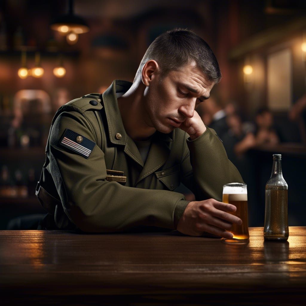 Sad Soldier at Bar: Photorealistic Depression