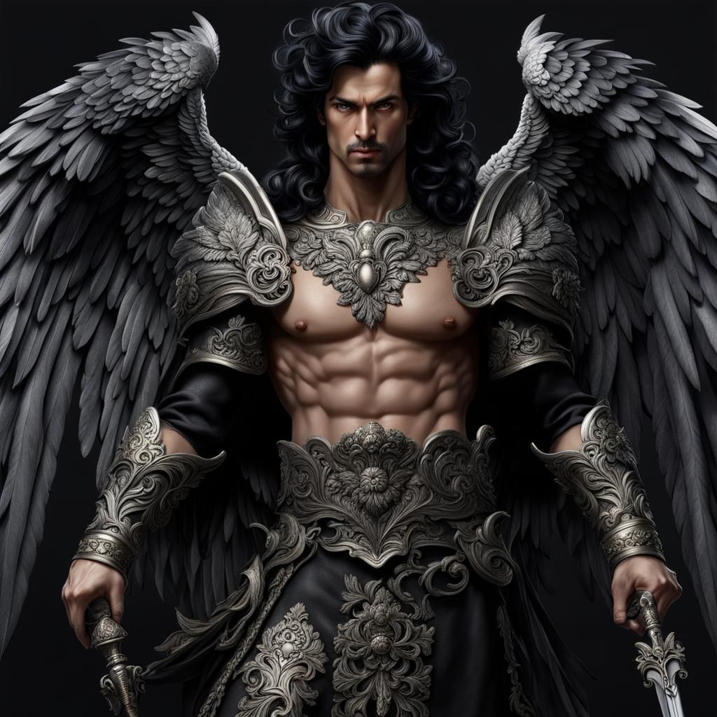 Rococo Black Haired Seraphim Angel Warrior
