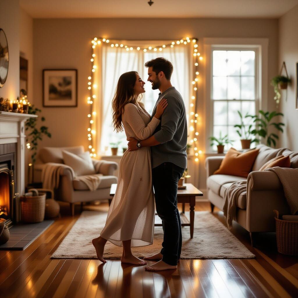 Couple Dancing Barefoot Under Fairy Lights