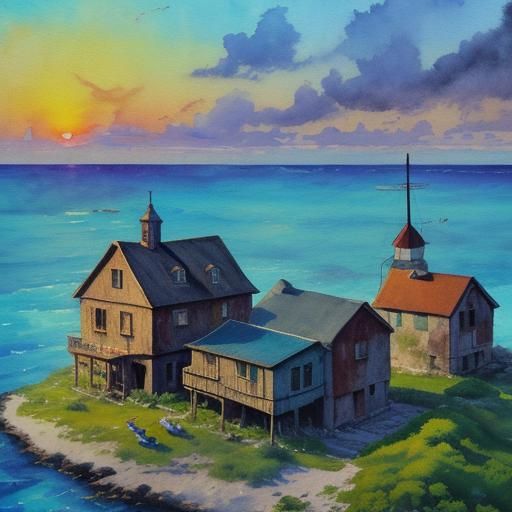 Island House with Vintage Clocks, Gouache Watercolor