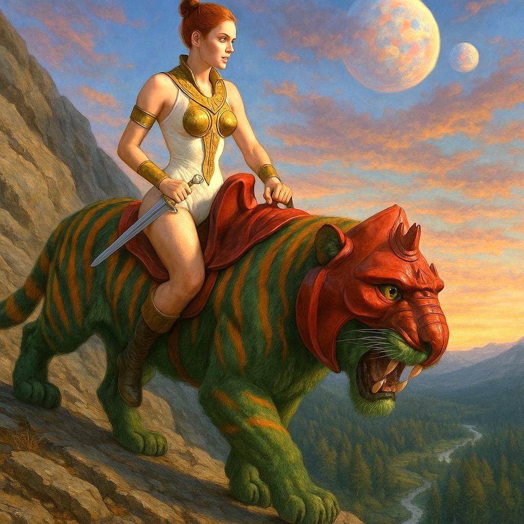 Teela Rides Battle Cat in Hyper-Real Landscape