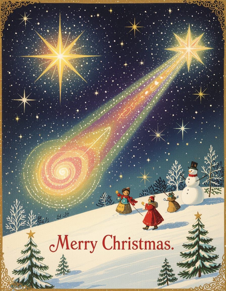 Vintage Christmas Card with Astral Cosmic Illustration