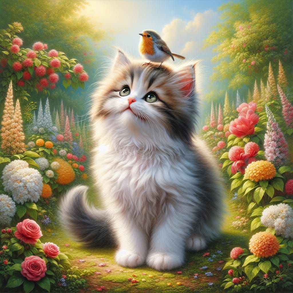Fluffy Kitten and Robin in Garden Oil Painting