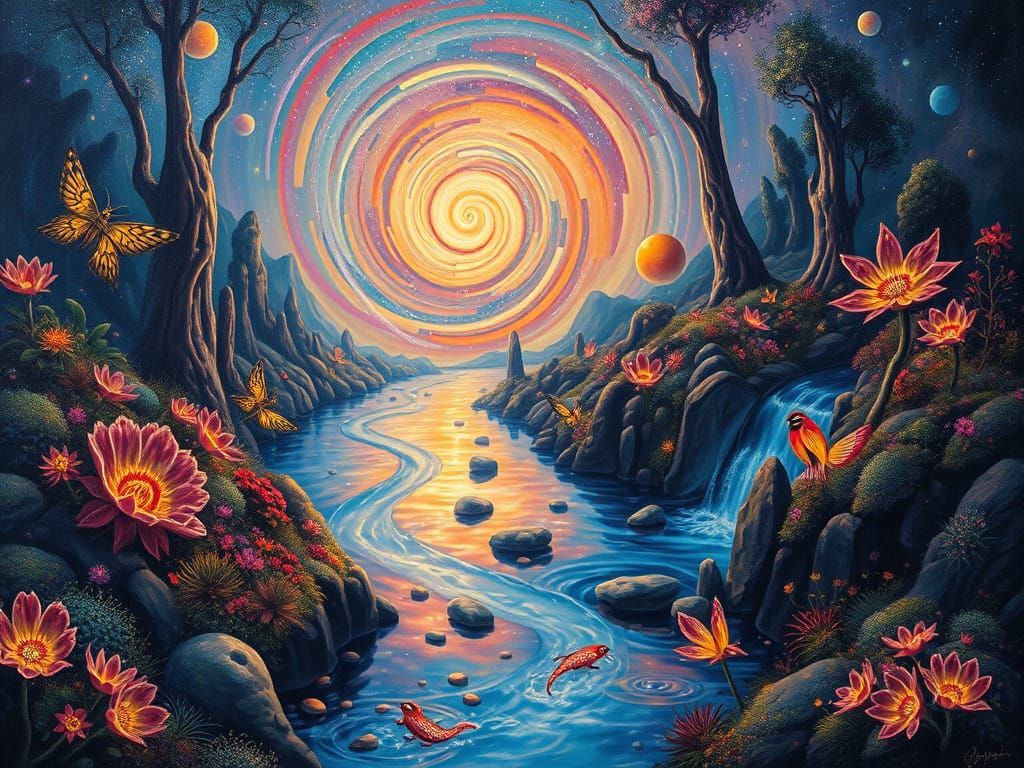 Fantastical Bioluminescent Landscape With Crystalline River