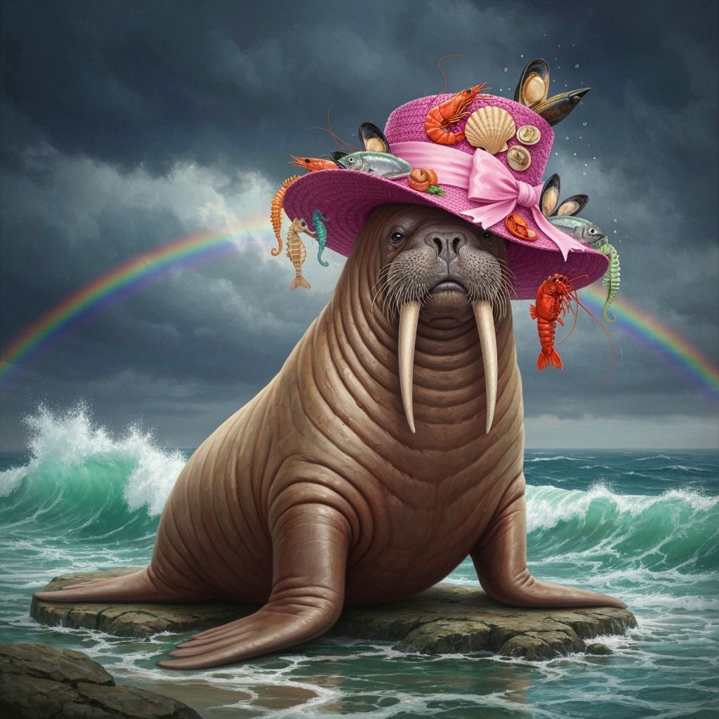 Colossal Walrus in Seafood Hat on Stormy Shore