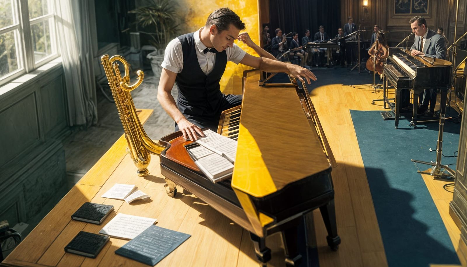 Giant Pianist in Jazz Band: Photo Illustration